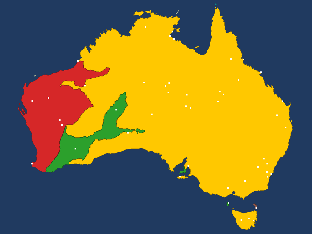 Final map of Australia: gold covers almost the whole continent and Tasmania; only a red nation in the west and a green one in the south-west remain. White squares mark buildings.