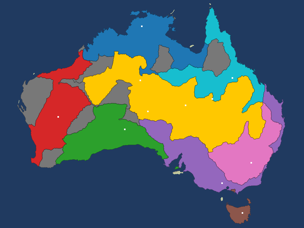 Map of Australia at minute 3: the LLM in gold holds a wide band across the centre; around it, nations in red, green, blue, cyan, pink, purple and brown, and grey tribes left in the gaps.